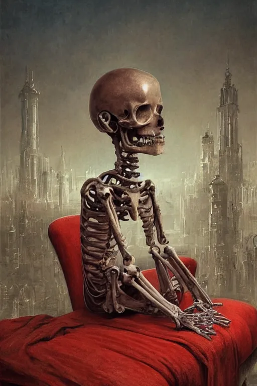 Image similar to photorealistic portrait photograph of a sad pale victorian robot child sitting on a red sofa made of human bones, surreal cityscape background, fantasy, depth of field, soft focus, highly detailed, intricate, realistic, national geographic cover, soft glow, textured, artstation, concept art, sharp focus, illustration, art by artgerm and greg rutkowski and alphonse mucha