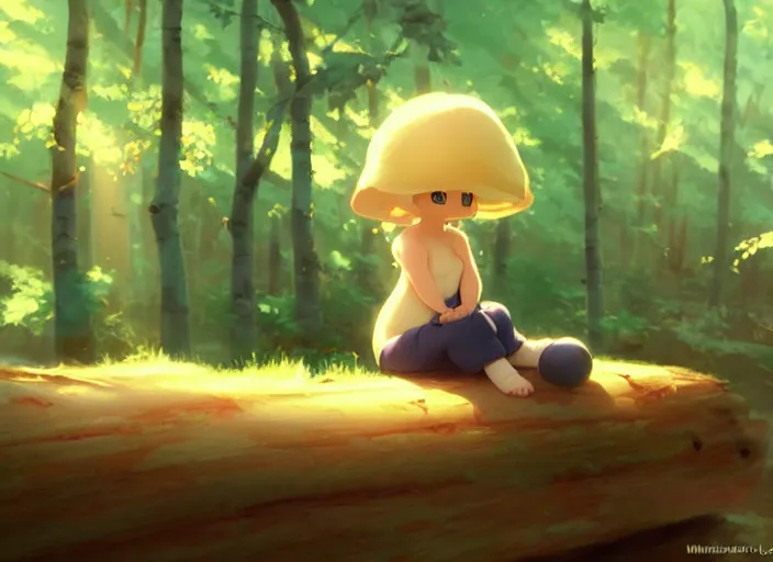 Image similar to a small, cute and chubby mushroom creature, she's sitting on a log in an aspen forest, atmospheric lighting, sun rays through the trees, by makoto shinkai and krenz cushart