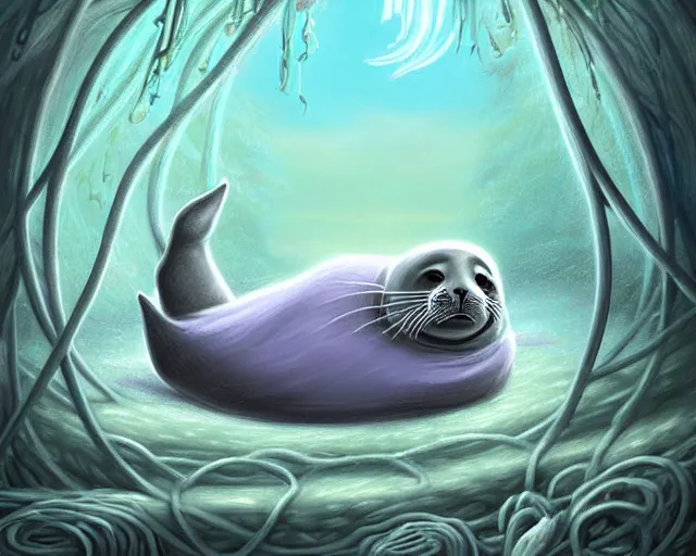 Prompt: beautiful digital fantasy illustration of a Prince in pastel!!!, whimsical acrylic modern pop surrealism, Even Giger-y dark overlords living in the ruins of an ancient system of tunnels and caves like to be comfy every once in a while!, A seal sleeping peacefully in a kelp forest, magic the gathering lands art!!, highly detailed, soft lighting, rendered in octane, masterpiece, very very very aesthetic