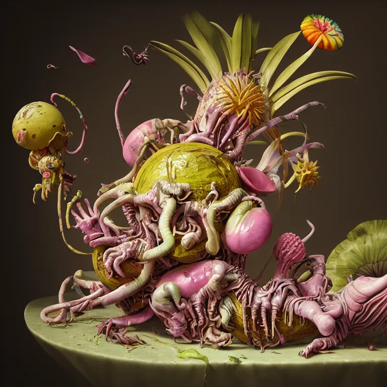 Image similar to still life of surreal alien pastel tropical flowers, rotten moldy colorful mold, dripping pastel paint, surreal alien ribbed tropical fruit, white human spine, baroque painting, beautiful detailed intricate insanely detailed octane render, 8K artistic photography, photorealistic, chiaroscuro, Raphael, Caravaggio