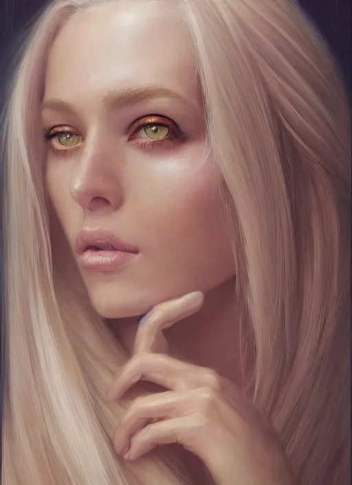 Prompt: a painting of a woman with long blonde hair, eyes are green, a photorealistic painting by magali villeneuve, featured on cgsociety, fantasy art, detailed painting, photorealistic