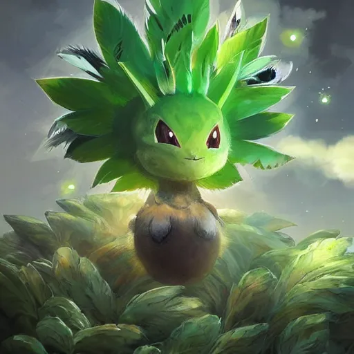 Prompt: a cute beautiful plant type pokemon with happy smile, green feathers bursting out of his hair, full body portrait, highly detailed digital art, 3 d perspective, award - winning illustration, aesthetic, smooth, pokemon style, made by greg rutkowski, with an alien landscape in the background
