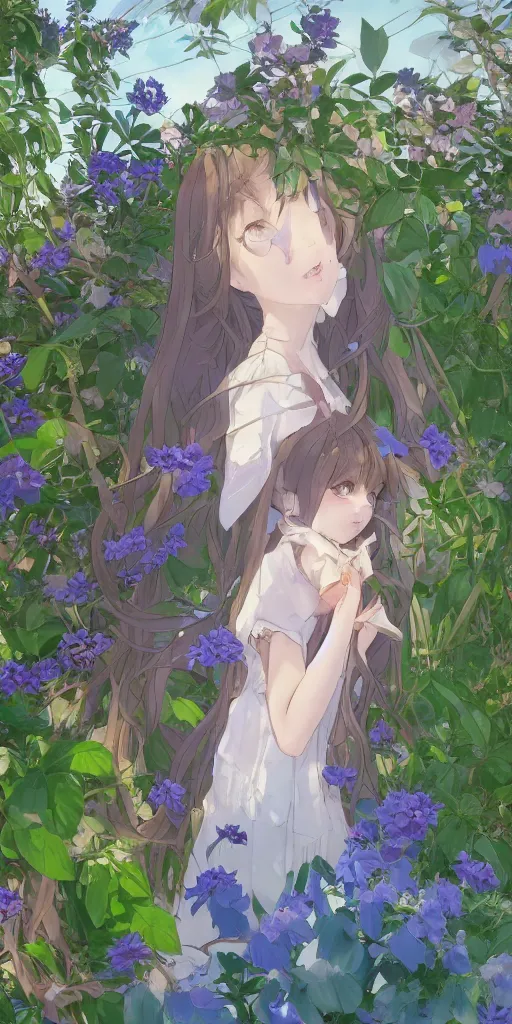 Image similar to a digital art of a loli with long hair in a dress in the privet garden at after noon, green and warm theme, mediumslateblue flowers, low angle, back lighting, by krenz cushart and mucha and akihito yoshida and greg rutkowski and makoto shinkai, highly detailed, 4 k resolution, trending on art station
