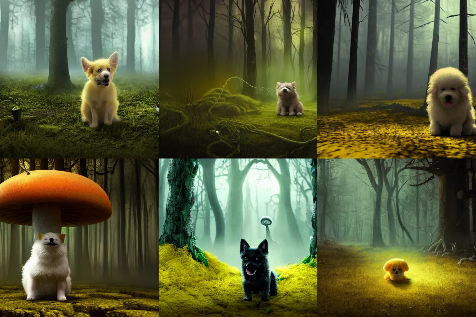 Prompt: cute yellow fluffy puppy dog in a dark toxic mushroom forest. style of lovecraft horror. 4 k photorealistic.