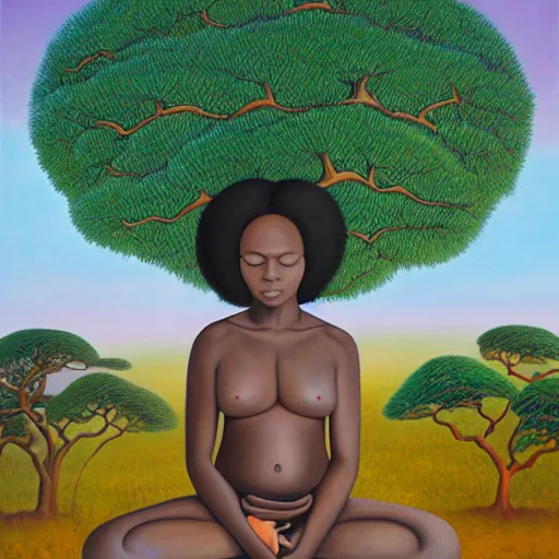 Image similar to a black girl with afro puffs meditating in an african zen garden with an acacia tree by amanda sage, oil on canvas