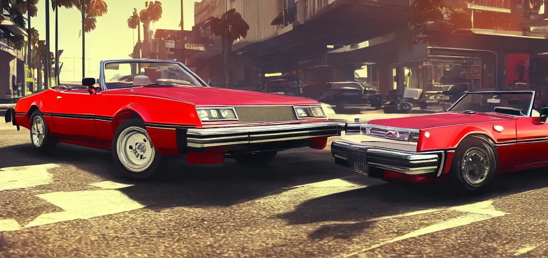 Prompt: front of red 1978 convertible car as a grand theft auto 5 loading screen, front view, very detailed studio photograph, concept art, 4k, sharp focus