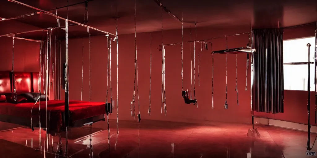 Prompt: high definition interior photographs tall ceilings, dark red leather dungeon bedroom, blade runner 2 0 4 9, chrome dance pole, latex outfits, whips, floggers, chains, handcuffs king size canopy bed, moody dark cinematic lighting,