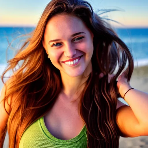 Prompt: A cute and beautiful young woman with long shiny bronze brown hair and green eyes, cute freckles, smug smile, golden hour, beach background, medium shot, mid-shot,