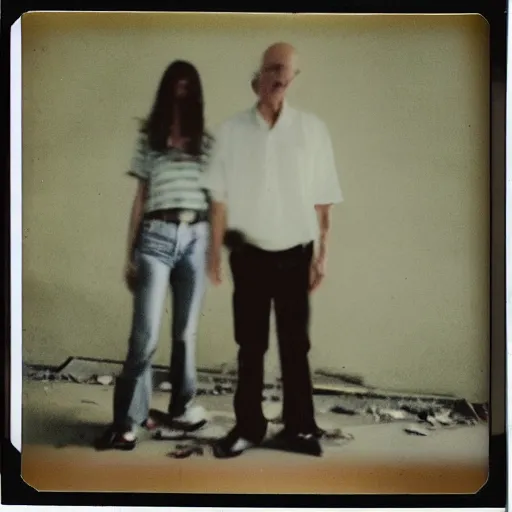 Prompt: found polaroid photo of trash humpers in an abandoned shopping mall