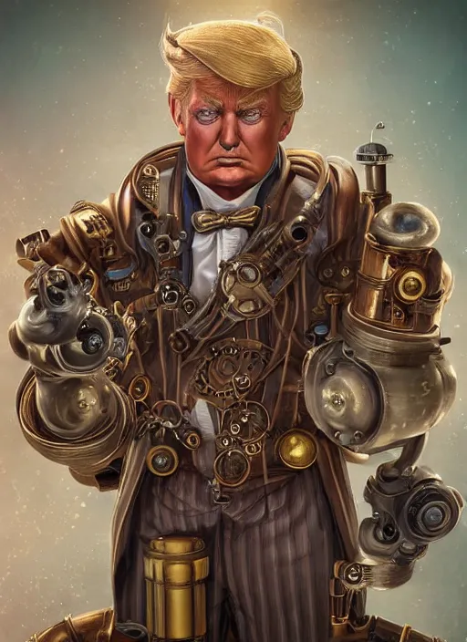 Image similar to steampunk bioshock donald trump is a muscular bodybuilder, au naturel, hyper detailed, digital art, trending in artstation, cinematic lighting, studio quality, smooth render, unreal engine 5 rendered, octane rendered, art style by klimt and nixeu and ian sprigger and wlop and krenz cushart.