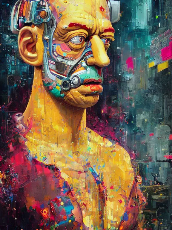 Image similar to art portrait of Homer Simpson,8k,by tristan eaton,Stanley Artgermm,Tom Bagshaw,Greg Rutkowski,Carne Griffiths,trending on DeviantArt,face enhance,hyper detailed,minimalist,cybernetic, android, blade runner,full of colour,