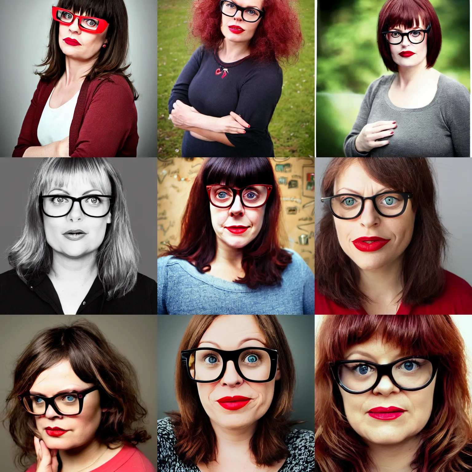 Prompt: a 4 5 year old french swedish woman who looks kind of like candace cameron, wearing oprah glasses, wearing foundation and red lipstick, dark brown hair with bangs, chubby face, very nerdy, posing for a picture, a photo by jane freilicher, tumblr contest winner, cloisonnism, matte photo, contest winner, adafruit