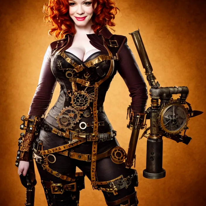 Image similar to full body photograph of christina hendricks as a steampunk warrior, Extremely detailed. 8k