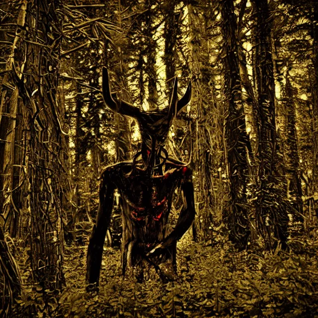 Prompt: bloody wendigo in forest at night, night vision, shot from ground, grainy