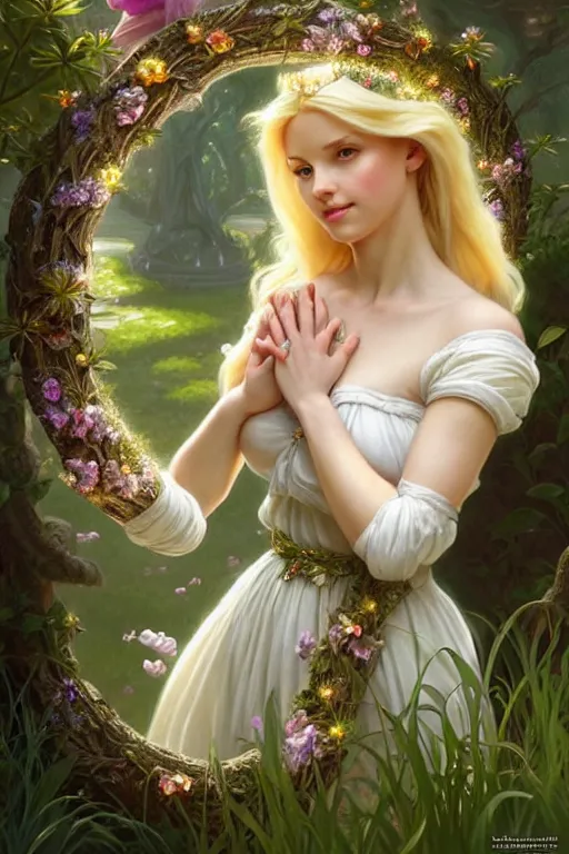 Image similar to beautiful blonde woman in the image of a fairy - tale princess in the garden with a wreath in her hands, deep focus, d & d, fantasy, complex, elegant, highly detailed, digital painting, artstation, concept art, matte, clear focus, illustration, hearthstone, works by artgerm and greg rutkowski and alphonse mucha