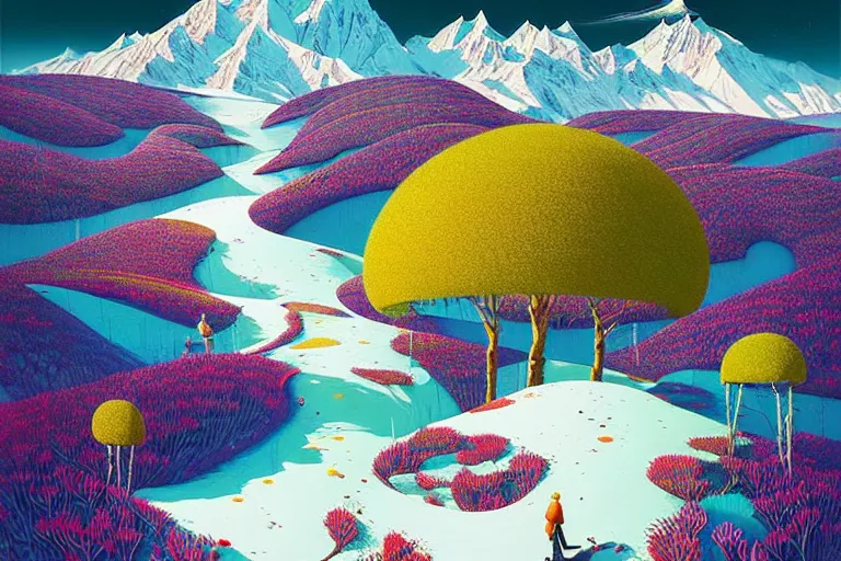 Prompt: surreal glimpse into other universe, himalaya with snow ice cream, summer morning, very coherent and colorful high contrast, art by!!!! gediminas pranckevicius!!!!, geof darrow, floralpunk screen printing woodblock, dark shadows, hard lighting, stipple brush technique,