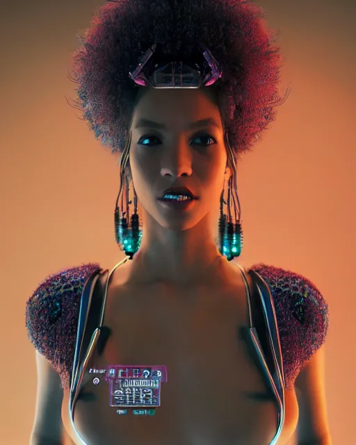 Prompt: a cyberpunk mulatto beauty queen, by wlop, by justin bua, motherboard, circuitry, wires, neon lights, beads, curly afro, micro detail, octane render, physically based rendering, sci - fi, intricate, insane details, photorealism, 8 k, cgsociety