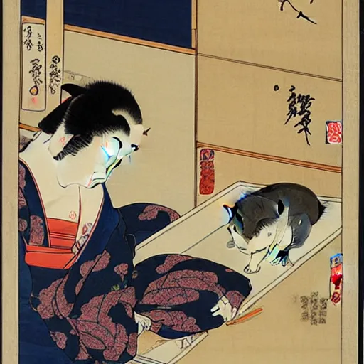 Image similar to a hokusai ukiyo - e portrait of a cat grooming itself, a shocked woman looks at the cat, japanese quote in the top left corner