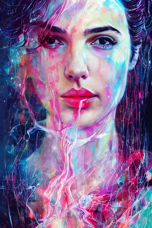 Image similar to gal gadot by agnes cecile enki bilal moebius, intricated details, view 3 / 4 back, full body portrait, extremely luminous bright design, pastel colours, drips, autumn lights