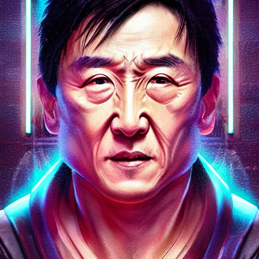 Prompt: jackie chan portrait, Cyberpunk 2077, cyberpsycho, photorealistic, ultra detailed, neon, octane, bokeh, cyber, cyberpunk city, feature, scars, cyberface, 8k