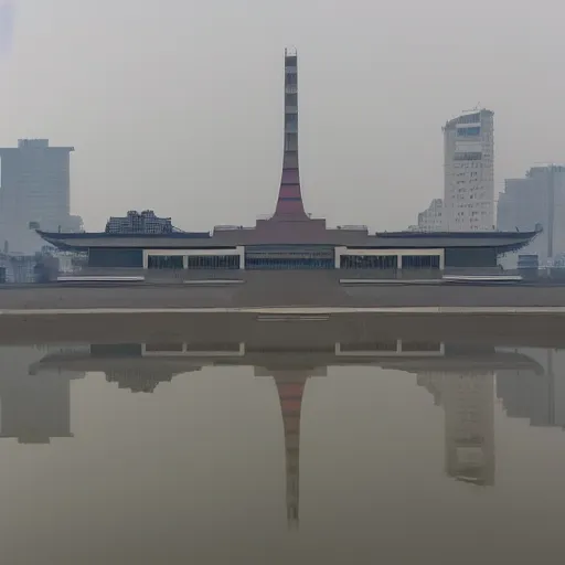 Image similar to pyongyang, fog, in the style of ghost in the shell by mamoru oshii