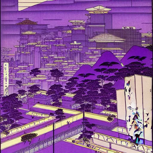 Image similar to purple cyberpunk city, by Hokusai