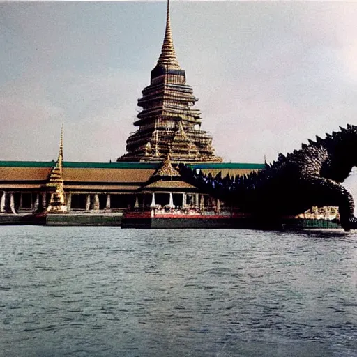 Prompt: Godzilla breaking the Royal Palace in Bangkok, colourized, photo, high quality