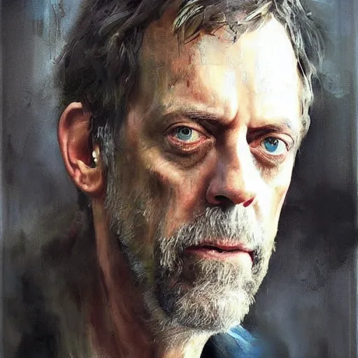 Prompt: face protrait of hugh laurie, realistic, ultrahd, jeremy mann painting