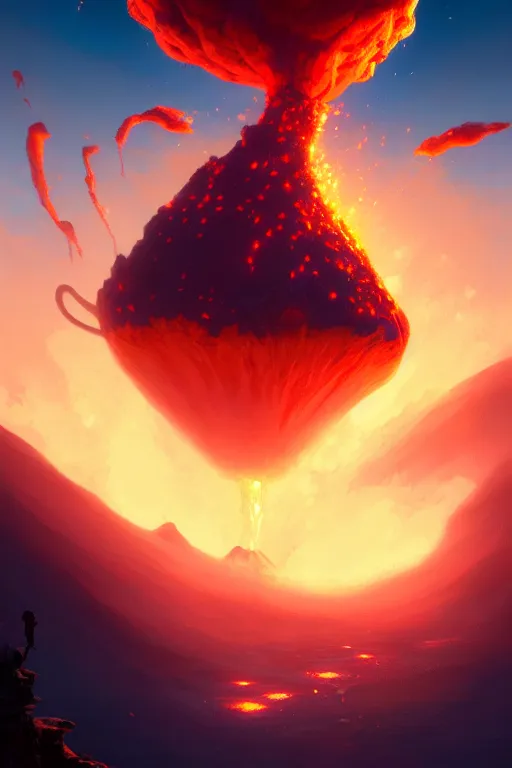 Image similar to coffee cup with volcano erupting from inside whipped cream, stephen bliss, unreal engine, fantasy art by greg rutkowski, rhads, ferdinand knab, makoto shinkai and lois van baarle, ilya kuvshinov, rossdraws, tom bagshaw, global illumination, radiant light, red blue theme, pine forest