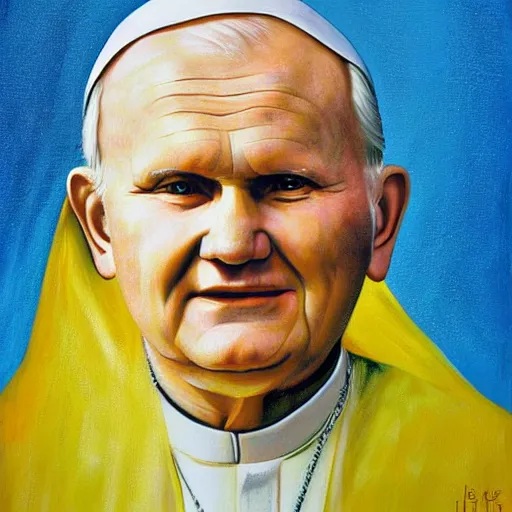 Image similar to award - winning painting of john paul ii with yellow skin, blue background