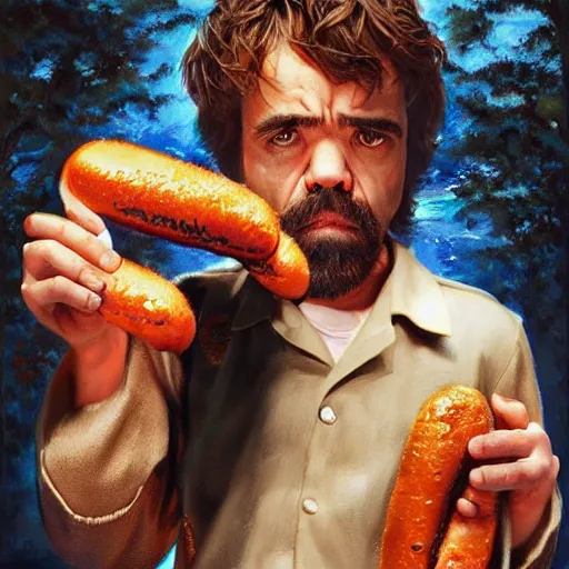 Image similar to portrait of peter dinklage sharing hotdogs with scarlett johansson, an oil painting by ross tran and thomas kincade w 7 6 8