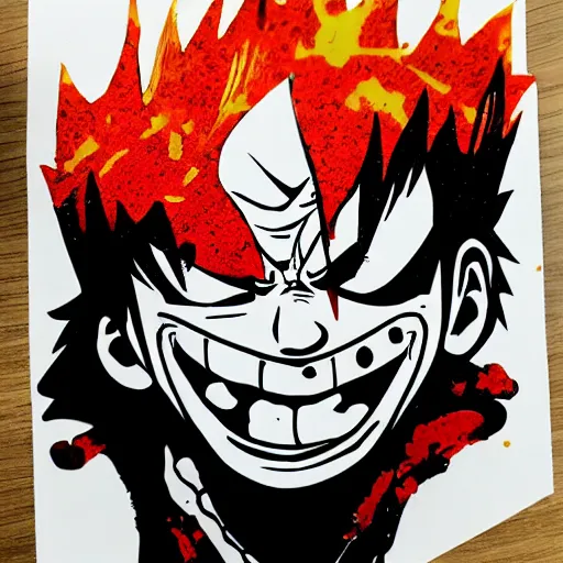 Image similar to die cut sticker, luffy gear 4, splatter paint on paper