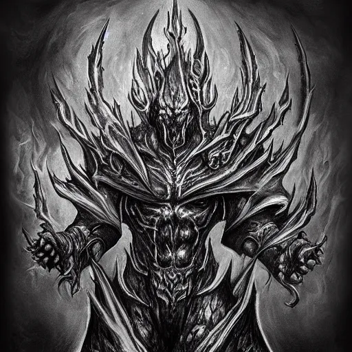 Prompt: diablo lord of terror, three quarter view from below, engulfed in flames, full body shot, detailed greyscale tattoo by Dmitriy Tkach