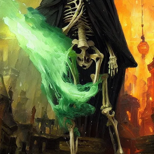 Prompt: A highly detailed oil painting by Greg Rutkowski and Afremov of a skeleton wearing a black cloak making a potion glowing bright green in a huge bubbling cauldron.