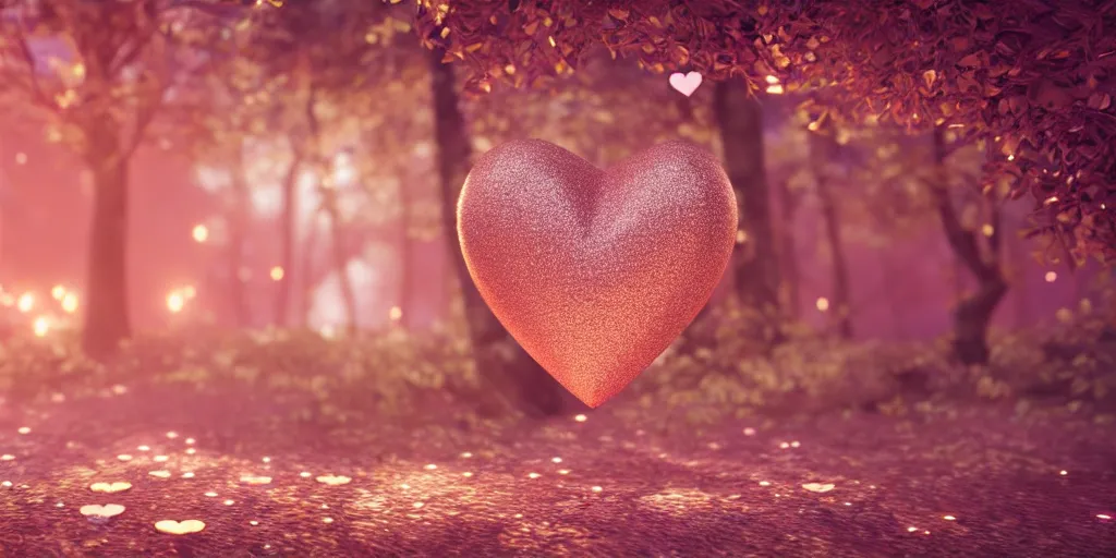 Prompt: ultra-realistic rose gold heart, buried inside an enchanted forest, prism highlights, depth of field, cinematic, concept art, art station, octane render, v-ray, 8k, C4D