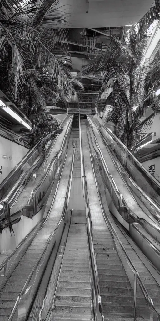 Prompt: 1980s magazine photo of an escalator inside an abandoned mall, with interior potted palm trees, decaying dappled sunlight, cool pinkish purple lighting