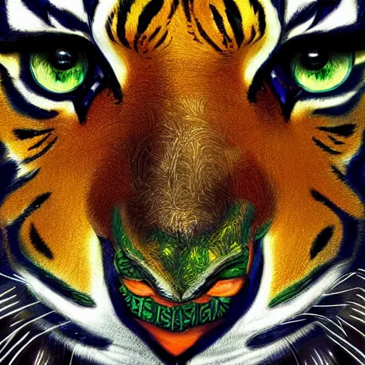 Image similar to close up face of a beautiful evil female tiger paladin in full shining armor with one menacing green and orange glowing eye, oil painting, digital painting, intricate detail, vivid color, neon color, artwork by ross tran + raymond swanland, background artwork by steven outram