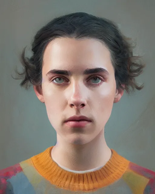Image similar to hila klein studio portrait, greg rutkowski, f / 2 0, symmetrical face, warm colors, depth of field
