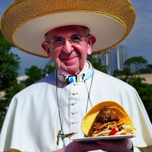 Image similar to pope john paul the 2 nd wearing a sombrero holding a taco, ( sony a 7 r iv, symmetric balance, polarizing filter, photolab, lightroom, 4 k, dolby vision, photography awardm, voque, perfect face )