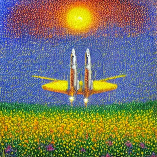 Prompt: three starship rockets landing in a field of flowers at sunset, pointillism and impressionist painting