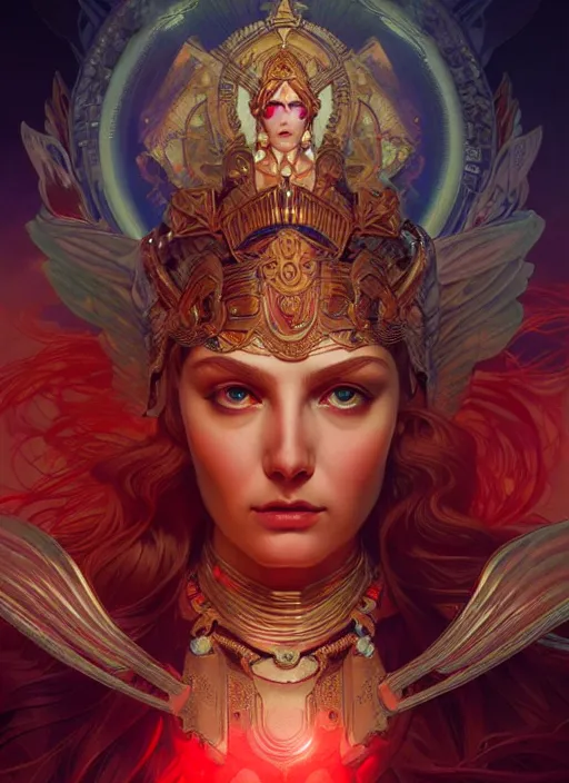 Prompt: the goddess hera looking angry, paper armour, volumetric lights, red and cyan theme, dystopian, intricate, elegant, highly detailed, digital painting, artstation, concept art, smooth, sharp focus, symmetric face, illustration, art by artgerm and greg rutkowski and alphonse mucha