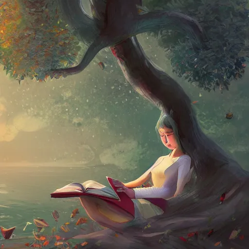 Prompt: A girl sitting in a tree reading a book, peaceful, serene, calming, digital painting, illustration, concept art, artstation, 4k, by Jeszika Le Vye