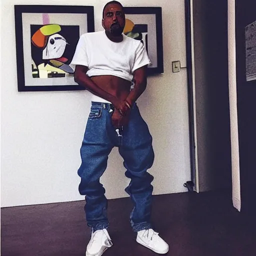 Prompt: “ kanye west wearing huge jeans and a tiny crop top, posing for an instagram photo ”