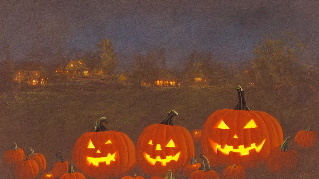 Image similar to a jack o'lantern coming alive at night in a pumpkin patch by James Gurney