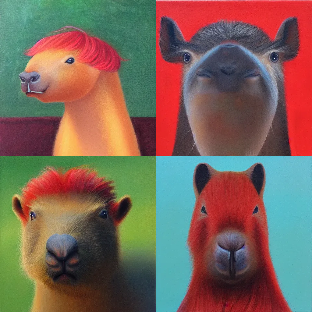 Prompt: capybara wearing a red wig, oil painting