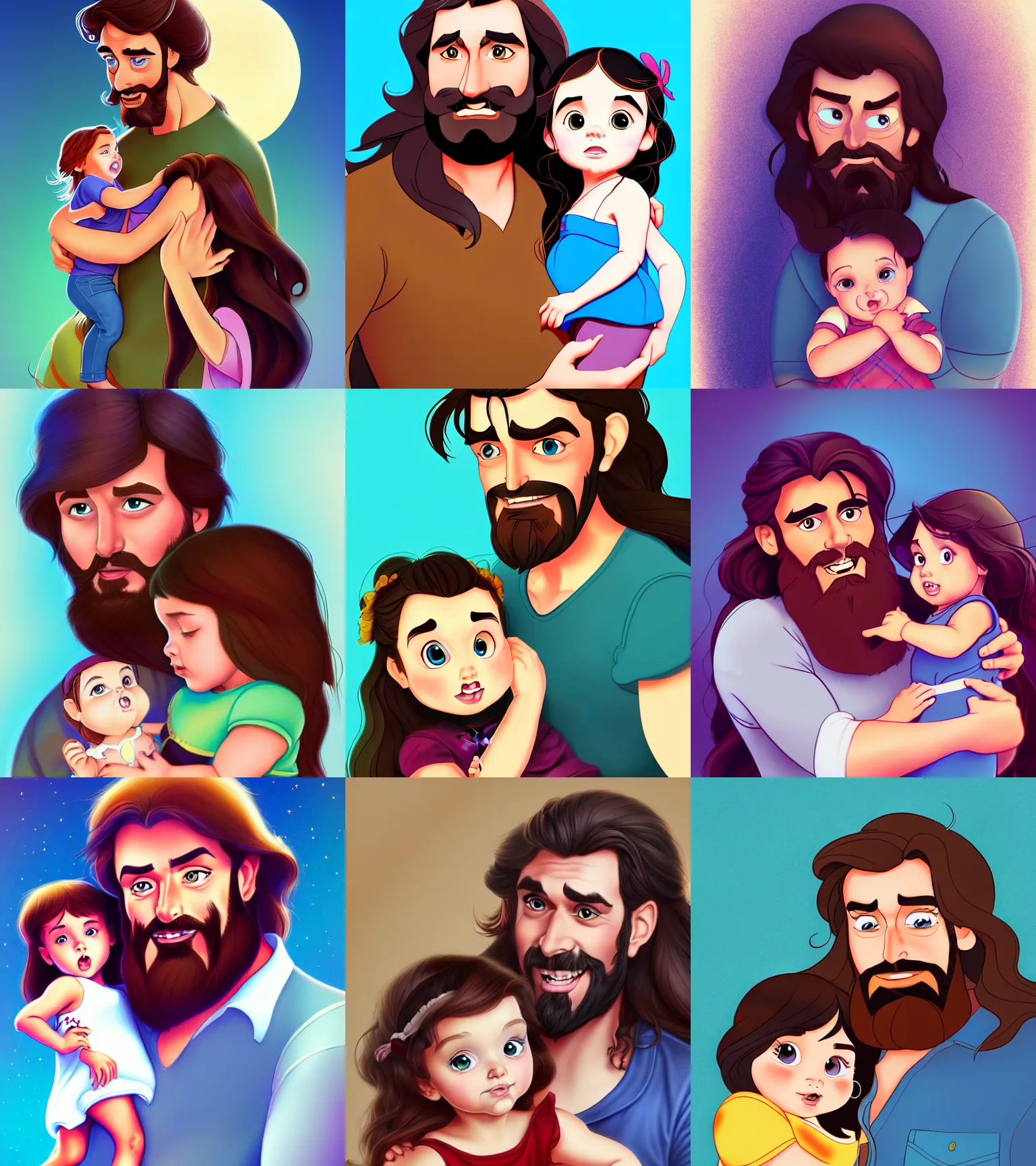 Prompt: a long - haired bearded father and his brunette child toddler girl full color digital illustration in the style of don bluth, artgerm, artstation trending, 4 k