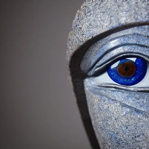 Image similar to medium - shot museum photo of ca 2 5 0 0 statue eye thick lapis lazuli beveled to hold the white limestone which forms the eye's sclera which is drilled to receive the black stone pupil, studio lighting, professional, promo,