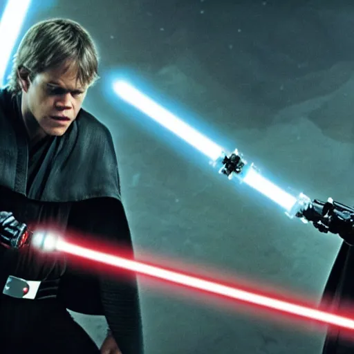 Image similar to matt damon as luke skywalker fighting darth vador in star wars episode 6, 8k resolution, full HD, cinematic lighting, award winning, anatomically correct