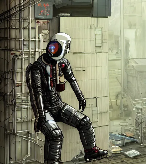 Image similar to realistic cyberpunk japanese engineer with long limbs and a black spacesuit welding a wall, techwear, dead space, visible face, Industrial Scifi, detailed illustration, character portrait, by Martin Grip and Moebius