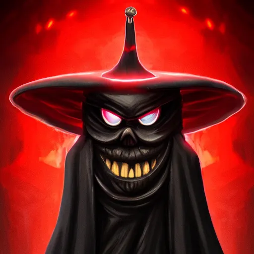 Prompt: dark lord looking into the camera, red glowing eyes, wearing black robe, happy, wearing mushroom hat, colorful, artstation